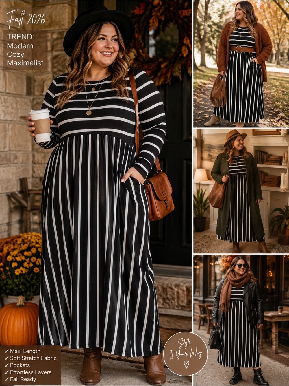 Black White Striped Maxi Dress Plus Size 
Boho Casual Long Sleeve Dress